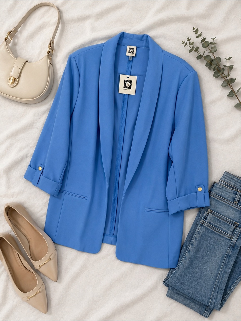 Anne Klein Blue Open Front Blazer Jacket 3/4 Sleeve Career Office Size XL NWT